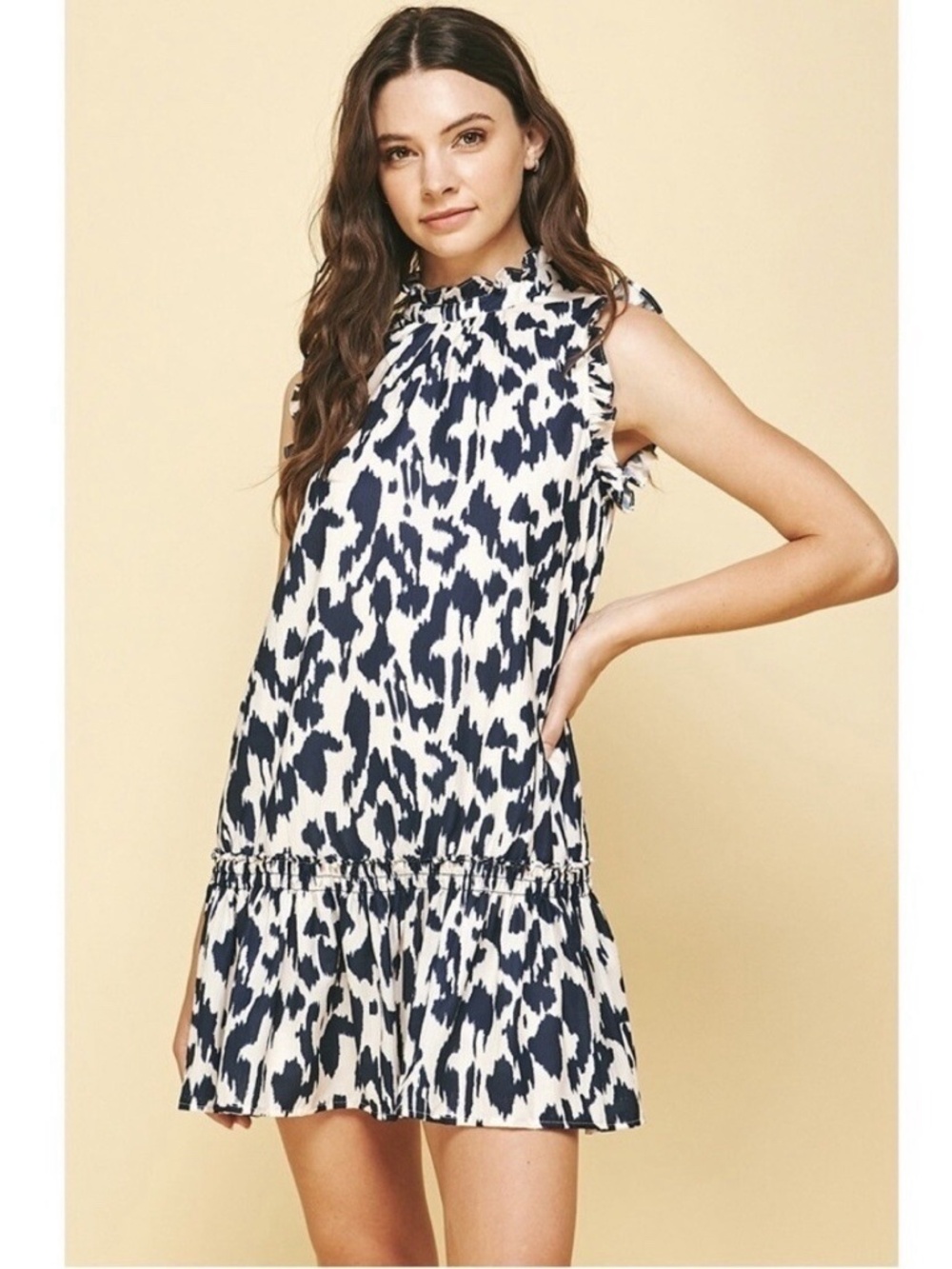 Pinch Boutique Brand Sleeveless Drop Waist Navy Patterned Ruffle Dress Sz M